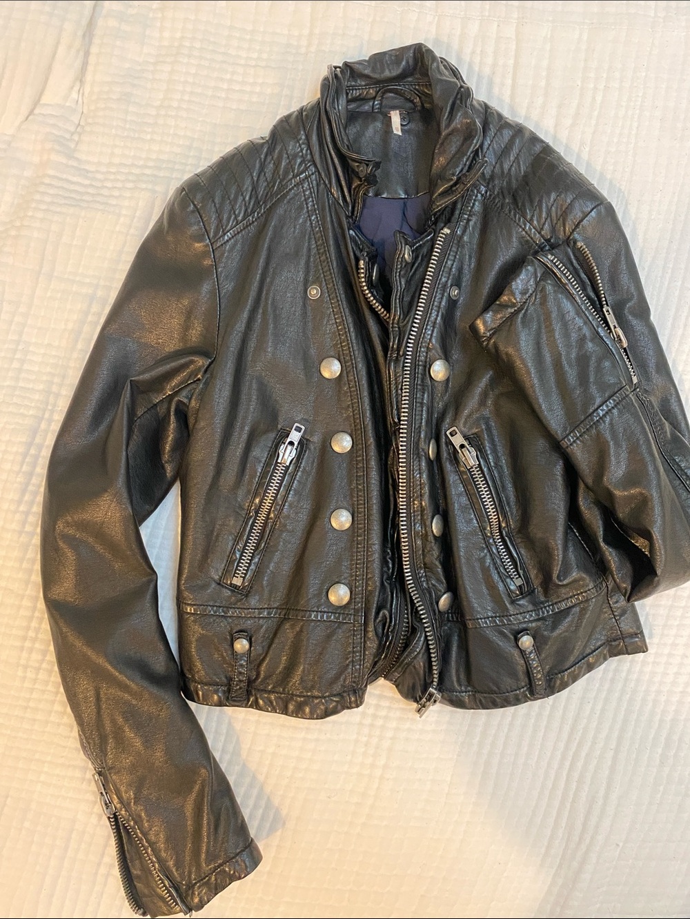 Free People, Size XS, Black Faux Leather Zip-Front Moto Jacket